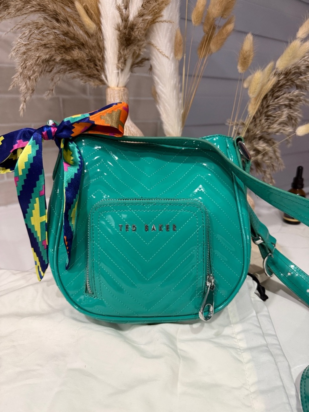 Ted Baker Teal Patent Quilted Crossbody with Colorful Scarf